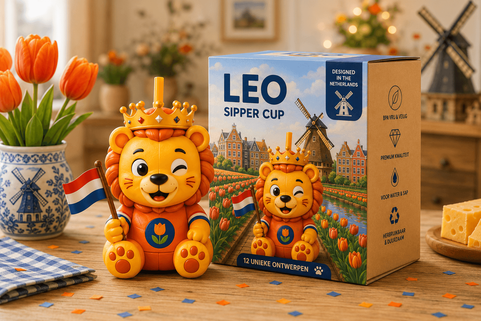 Hup Leo drinkbeker met verpakking, tulpen en Delfts blauw